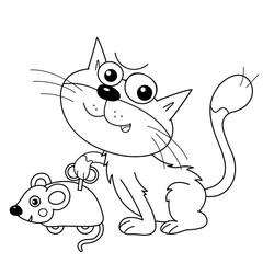 Coloring Page Outline Of cartoon cat with toy clockwork mouse. Coloring Book for kids.
