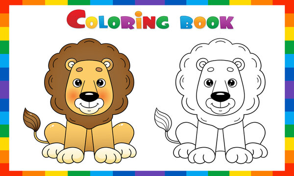 Coloring Page Outline Of cartoon cute lion. Coloring Book for kids.