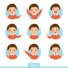Vector cartoon set of a little boy in different postures with various emotions. Set 2 of 3.