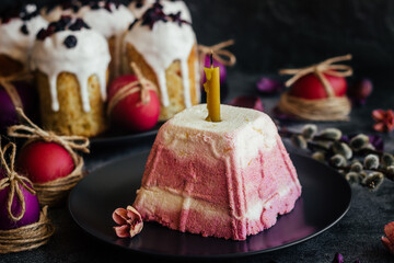 Curd Easter. A traditional Orthodox dish for Easter. Cherry cheese Easter. Easter composition with painted eggs 