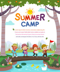 Template for advertising brochure with cartoon of children with backpacks walking on log bridge across the stream. Kids summer camp poster.