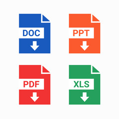 Set of of file type, format and extension of documents. Download DOC, PPT, PDF and XLS file. Illustration vector