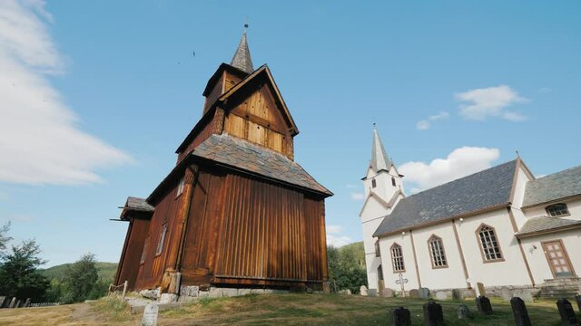 Ancient wooden church of the 13th century in the town of Torpo, Norway. An amazing old building perfectly preserved to our days