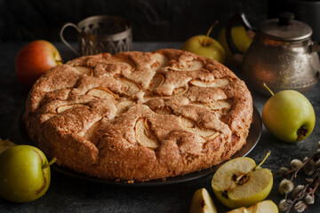 Charlotte. Delicious apple pie. Apple pie on the table