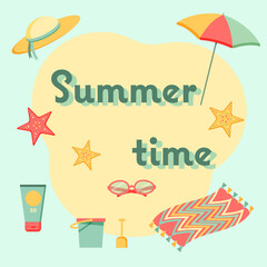 Summer time. Beach items banner, poster. Vector illustration in flat cartoon style.