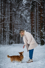 Young blonde female is playing with her welsh corgi pembroke in a winter snowy forest