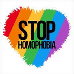 Stop Homophobia movement with LGBT flag Brush stroke love shape vector illustration and text effect, Stop Homophobia, Love shape, black text effect.
