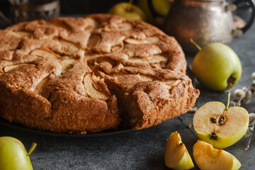 Charlotte. Delicious apple pie. Apple pie on the table