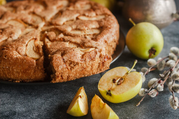 Charlotte. Delicious apple pie. Apple pie on the table
