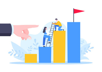 Business mentor helps to improve career and holding stairs steps vector illustration. Mentorship, upskills, climb help and self development strategy flat style design business concept. - obrazy, fototapety, plakaty