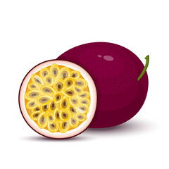 Passion fruit. Whole passion fruit and a half of maracuya isolated on white background.Fresh bright exotic cut slice passion fruit. Cartoon style.