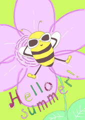 Colorful raster hand-drawn summer jpg imag. Funny print. Bee on a flower. Handwritten font inscription 