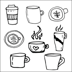 Set of tea and coffee mugs, simple doodles style drawings, coffee cup, tea mug, use for postcard design, business cards, decoration and gift packaging