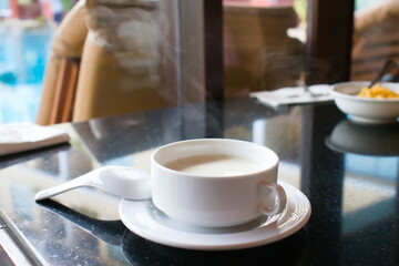 Fototapeta na wymiar Hot soup and steam smoke breakfast in hotel