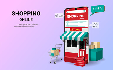 Shopping online on website or mobile application. Modern marketing and Digital marketing. Internet e-commerce. Online store. Use for website and banner. 3D vector illustration