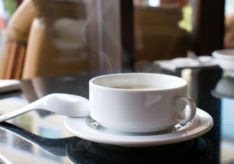 Hot soup and steam smoke breakfast in hotel