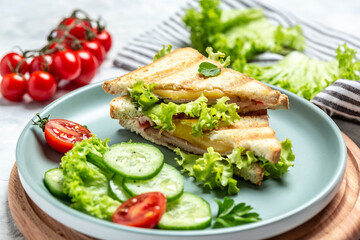 Hot sandwich with ham, cheese and tomatoes served with fresh salad. Pressed and toasted double quick snack