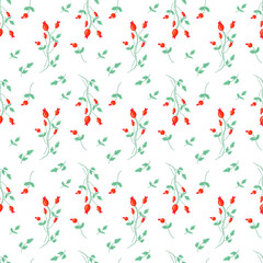 Vector pattern with berry and leaves of wild rose (rosehip) on a white background. In pastel colors.