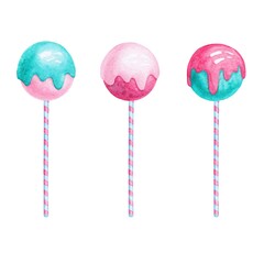 Watercolor glazed cake pops isolated on white background.