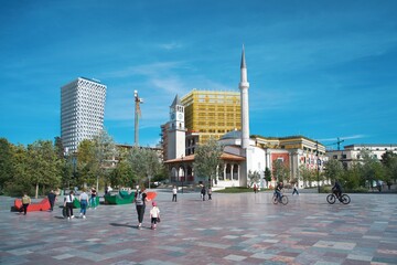 Ethem Bay Mosque in the center of the Albanian capital Tirana on Skanderberg Square.