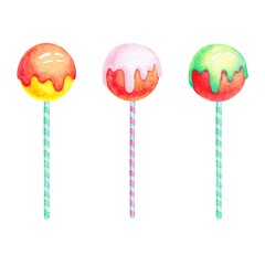 Watercolor glazed cake pops isolated on white background.