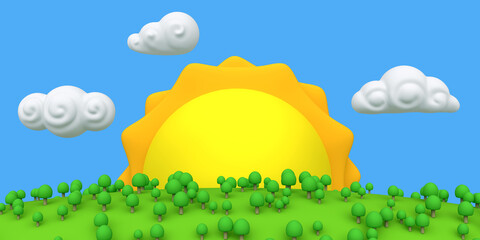 Stylized funny cartoon green summer landscape with trees, sun and clouds. Bright design composition panorama. Children clay, plastic or soft toy. Colorful 3d illustration.