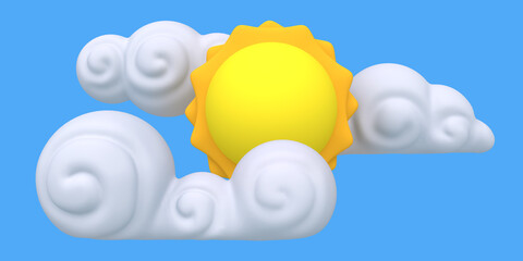 Stylized funny cartoon blue day sky with sun and clouds. Bright design composition element. Children clay, plastic or soft toy. Colorful 3d illustration.