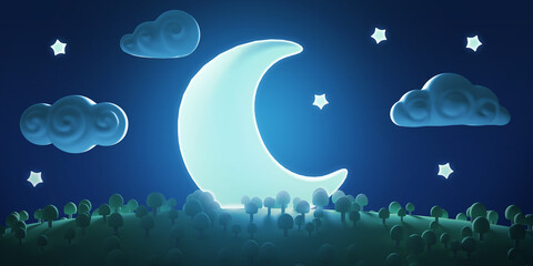 Paysage d& 39 été de nuit de dessin animé drôle stylisé avec arbres, lune, étoile et nuages. Panorama de composition de conception lumineuse. Enfants en argile, en plastique ou en peluche. Illustration 3d colorée.
