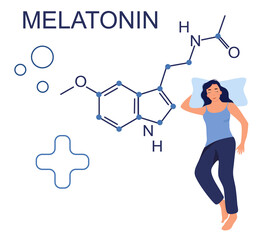 Melatonin hormone chemical formula.Insomnia concept.Night time and sleep disorder. Health care. Addiction of pills,hypochondria.Stress, nervous strain.Woman lying in bed. Vector. Blue color