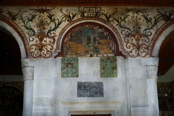 Details and patterns of the Efem Bey Mosque in Tirana on Skanderberg Square.