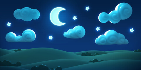 Stylized funny cartoon night summer landscape with trees, moon, star and clouds. Bright design composition panorama. Children clay, plastic or soft toy. Colorful 3d illustration.