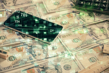 Double exposure of data theme drawing over us dollars bill background. Technology concept.