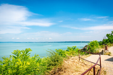 View of Lake Balaton from Balationvilagos lookout on a sunny summer day, Hungary, Europe