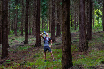 Sportsman mountain runner drinking water in the forest full of trees.