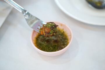 Fresh blood cockle or Blood clam - Steamed blanched clams served with dipping sauce, Thai Food Recipe.