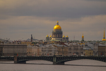 panorama of the city of St. Petersburg from the embankment overlooking the Winter Palace, the Admiralty and St. Isaac's Cathedral
