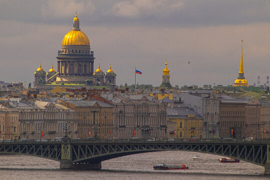 panorama of the city of St. Petersburg from the embankment overlooking the Winter Palace, the Admiralty and St. Isaac's Cathedral