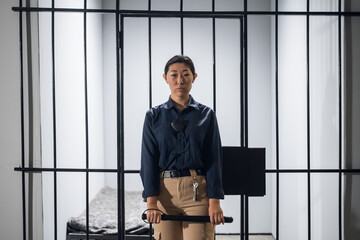 Asian guard in uniform In full armor with a baton and a pistol on the background of a prison cell