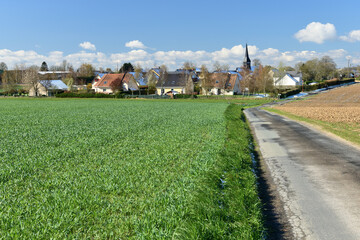Champ de blé en hiver. Route de campagne. Village en arrière-plan avec clocher d'église