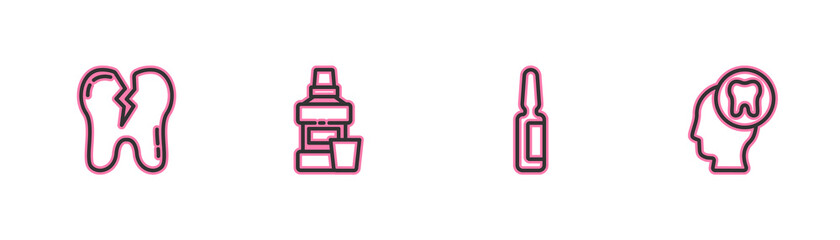Set line Broken tooth, Painkiller tablet, Mouthwash bottle and Human head with icon. Vector