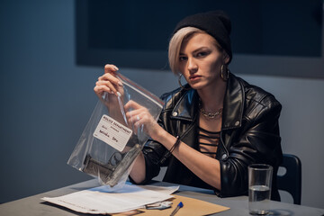 The girl suspected of wearing a hat and leather jacket is holding a bag with a gun