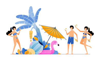 People on holiday to tropical island beach. Tourist enjoying party in beauty maldives beach during summer vacation. Illustration can be used for landing page, banner, website, web, poster, brochure