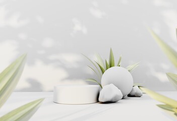 Obraz na płótnie Canvas 3D render podium, showcase on light white background with shadows in green tropical leaves of plants. Abstract natural,organic background for advertising products, spa body care, relaxation, health.