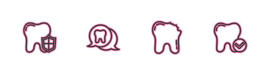 Set line Dental protection, Broken tooth, Tooth and whitening concept icon. Vector