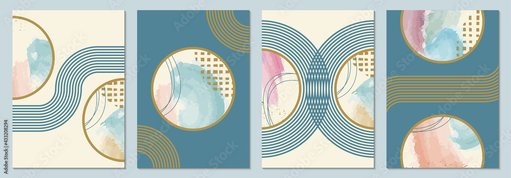 Poster abstract art background set with geometric shapes. minimal design with watercolor circles and lines.