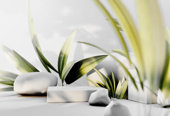 3D render podium, showcase on light white background with shadows in green tropical leaves of plants. Abstract natural,organic background for advertising products, spa body care, relaxation, health.