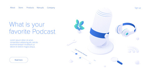 Podcast application concept in isometric vector illustration. Digital broadcasting or online streaming service via smartphone. Web banner layout template.