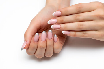 Wedding French manicure in white, silver on long oval nails
