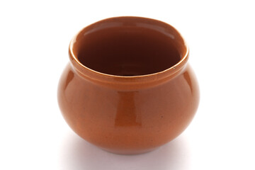 Closeup of Empty Indian Hand Made Clay Red Pot (handi) glazed,  over white Background