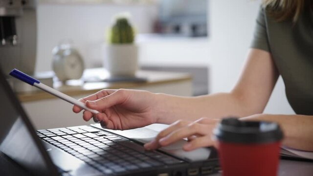 Freelancer woman works at laptop